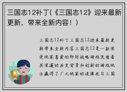 三国志12补丁(《三国志12》迎来最新更新，带来全新内容！)