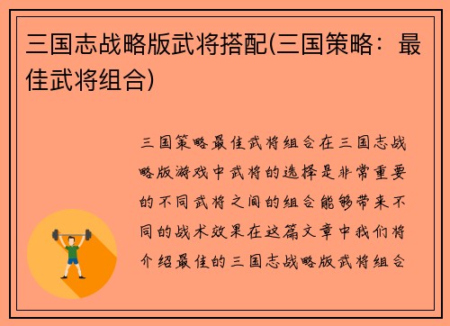 三国志战略版武将搭配(三国策略：最佳武将组合)