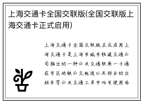 上海交通卡全国交联版(全国交联版上海交通卡正式启用)